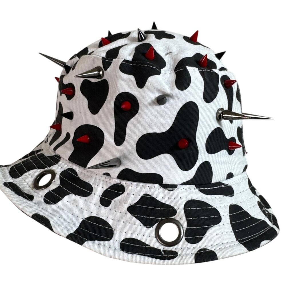 Cow Print Spiked Bucket Hat Custom Punk Goth Grommet Y2K Black White S/M